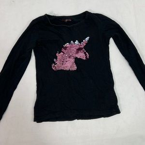 #1731 Sweet Kiss Pink Sequined Unicorn Black Long Sleeve Shirt | Size: 14/16